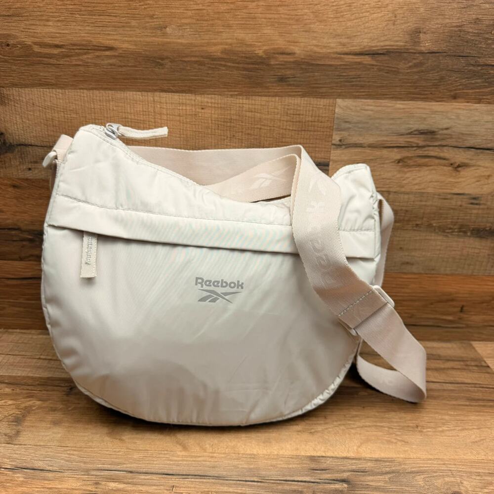 Reebok Half Moon Crossbody Sling Bag Cream Off White Nylon Adjustable Strap Logo